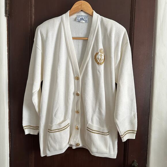 80s Vintage | Bay Point Threads | Nautical Gold and White Crested Cardigan Large - Picture 1 of 5